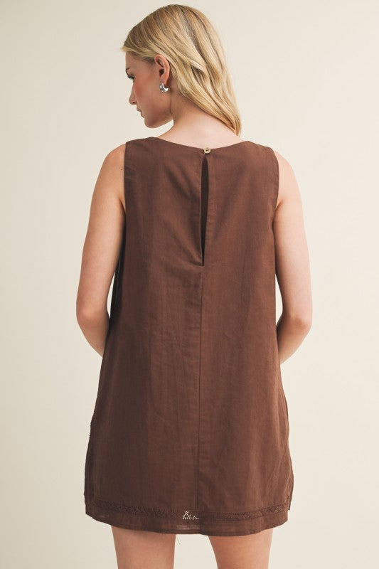 Brown Linen Blend Trimmed Dress Romper