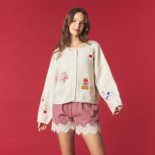 Holiday Embroidered Rolled Edge Cardigan