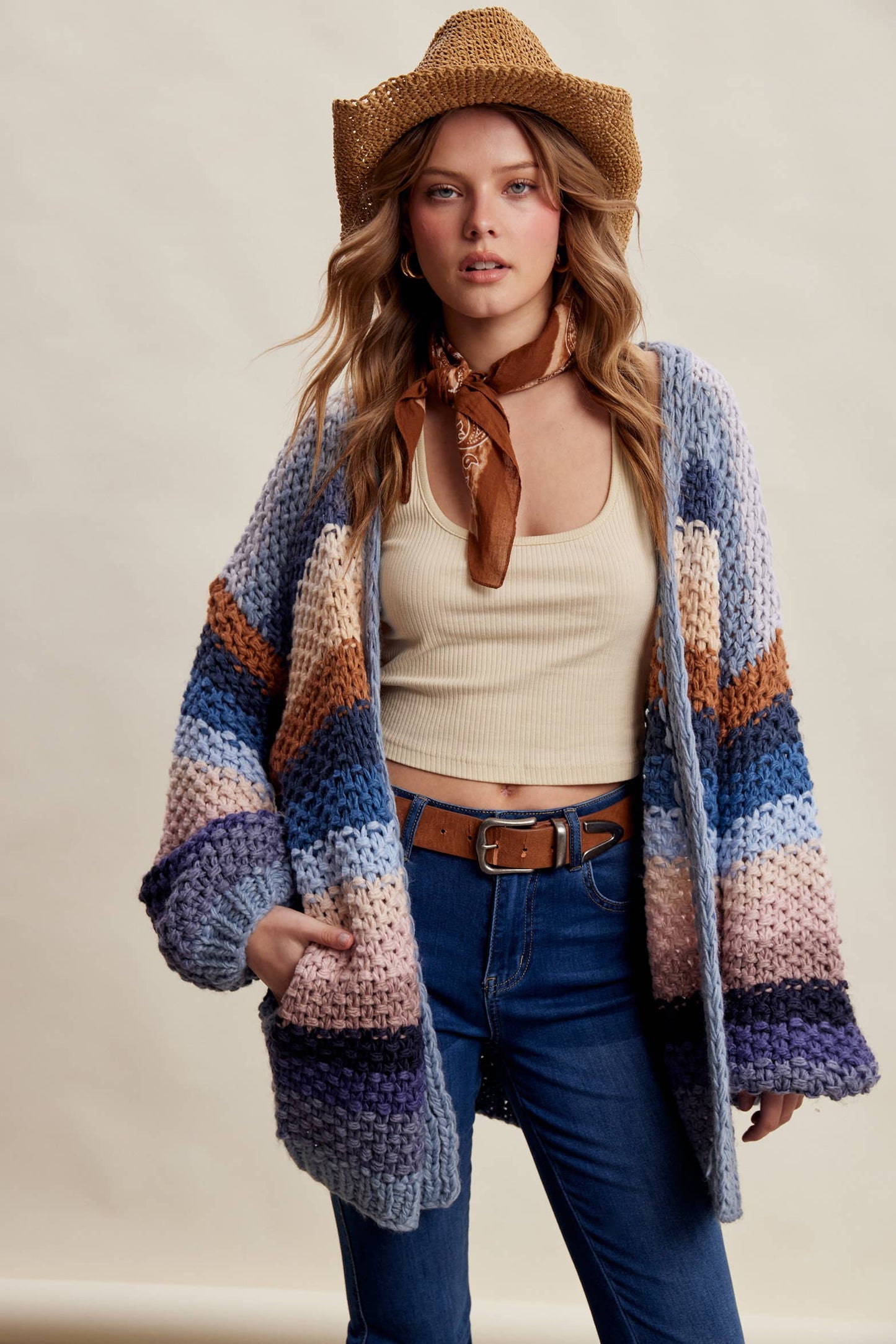 Muted Rainbow Hand-Crochet Open Cardigan