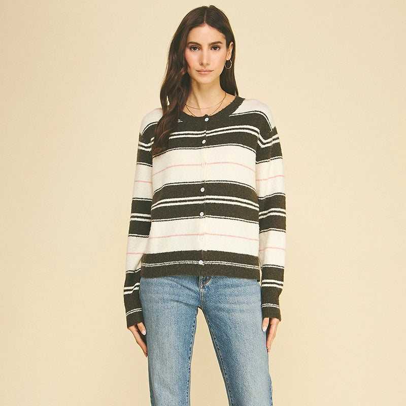 Brown and Pink Striped Cardigan Sweater