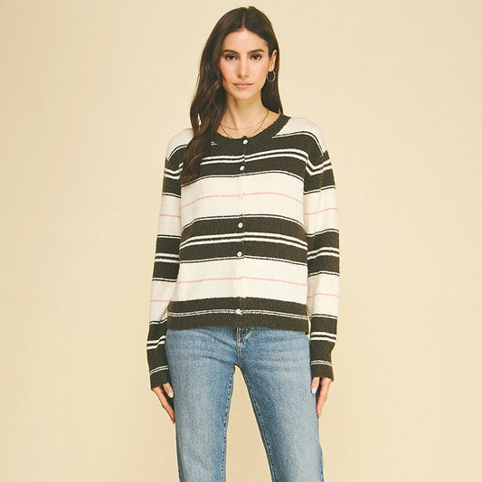 Brown and Pink Striped Cardigan Sweater