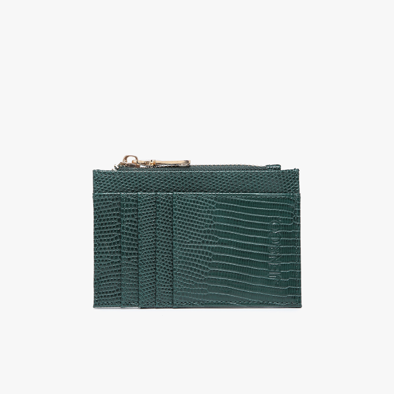 Green leather wallet with a zipper on a white background