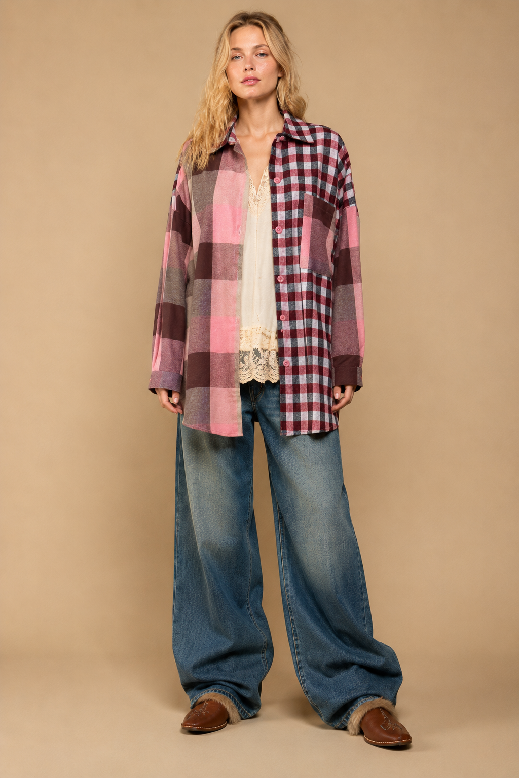 Mixed-Check Patchwork Flannel Shacket
