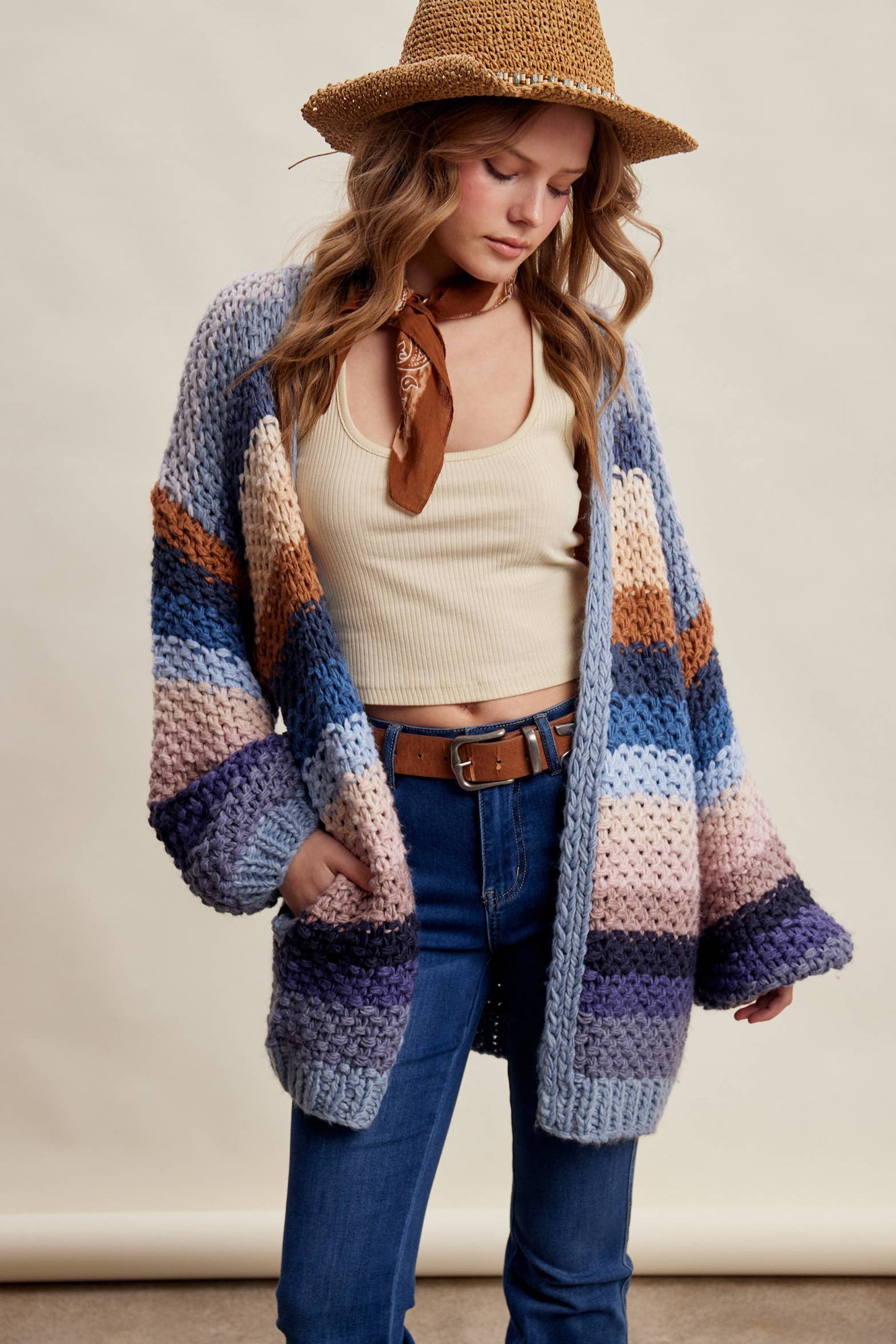 Muted Rainbow Hand-Crochet Open Cardigan