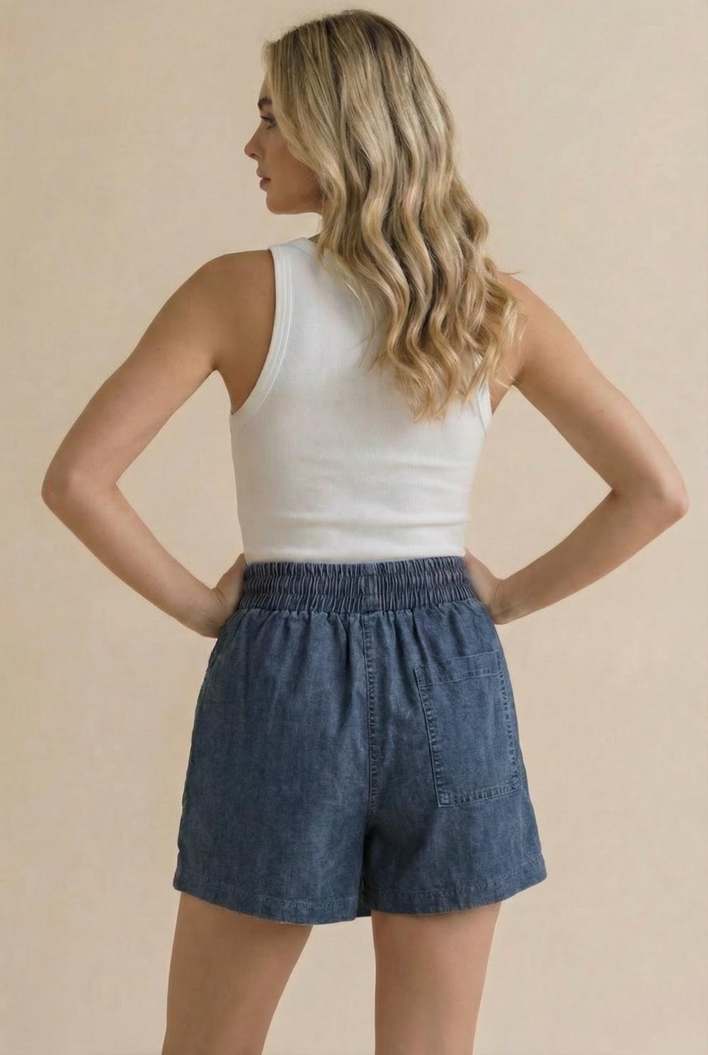 Washed Chambray Skort with Elastic Waist
