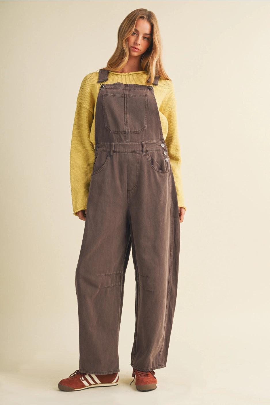Brown Soft Denim Barrel Overalls