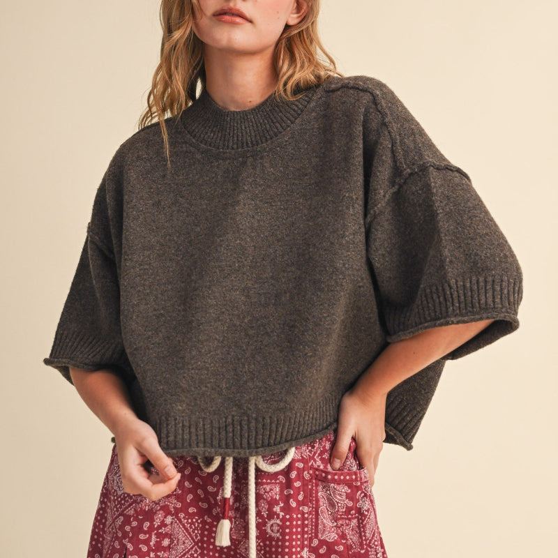 A woman modeling an oversized dark brown knit sweater with wide short sleeves and a cropped hem, paired with red patterned pants, against a plain beige studio background.
