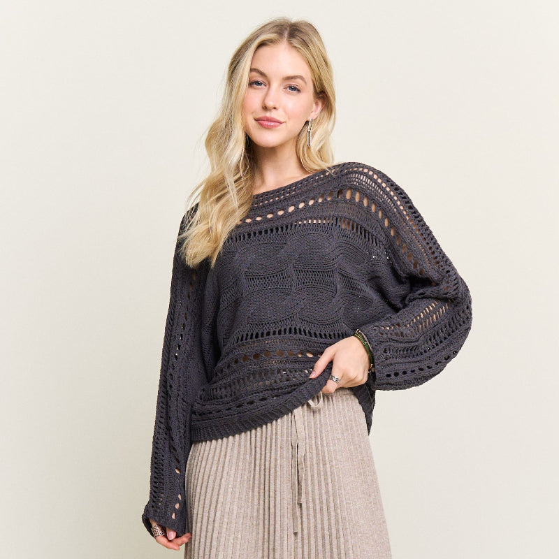 Charcoal Crocheted Open Knit Sweater