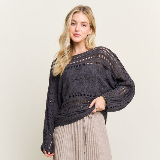 Charcoal Crocheted Open Knit Sweater