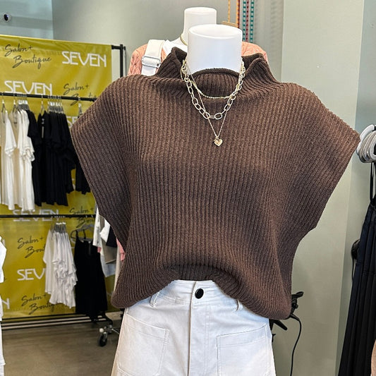 Brown Turtleneck Power Shoulder Sweater
