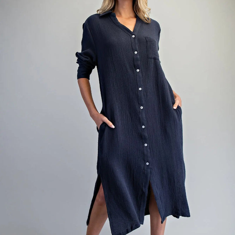 Cotton Gauze Long Sleeve Midi Dress