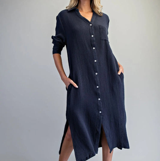Cotton Gauze Long Sleeve Midi Dress