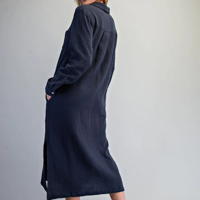 Cotton Gauze Long Sleeve Midi Dress