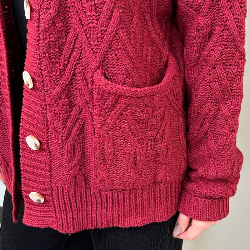 Dark Red Oversized Cable Knit Cardigan