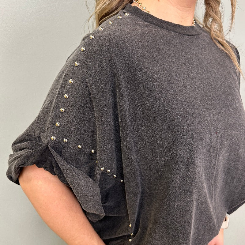 Garment Washed Studded Oversized High-Low Shirt