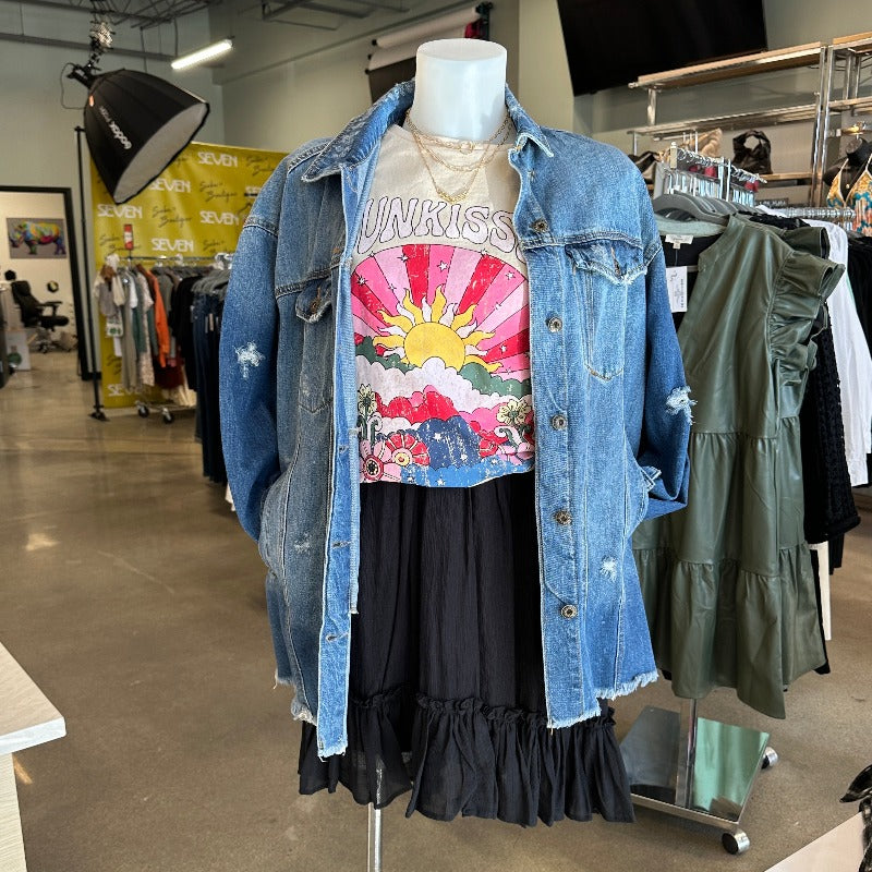 Long Line Destructed Denim Jacket