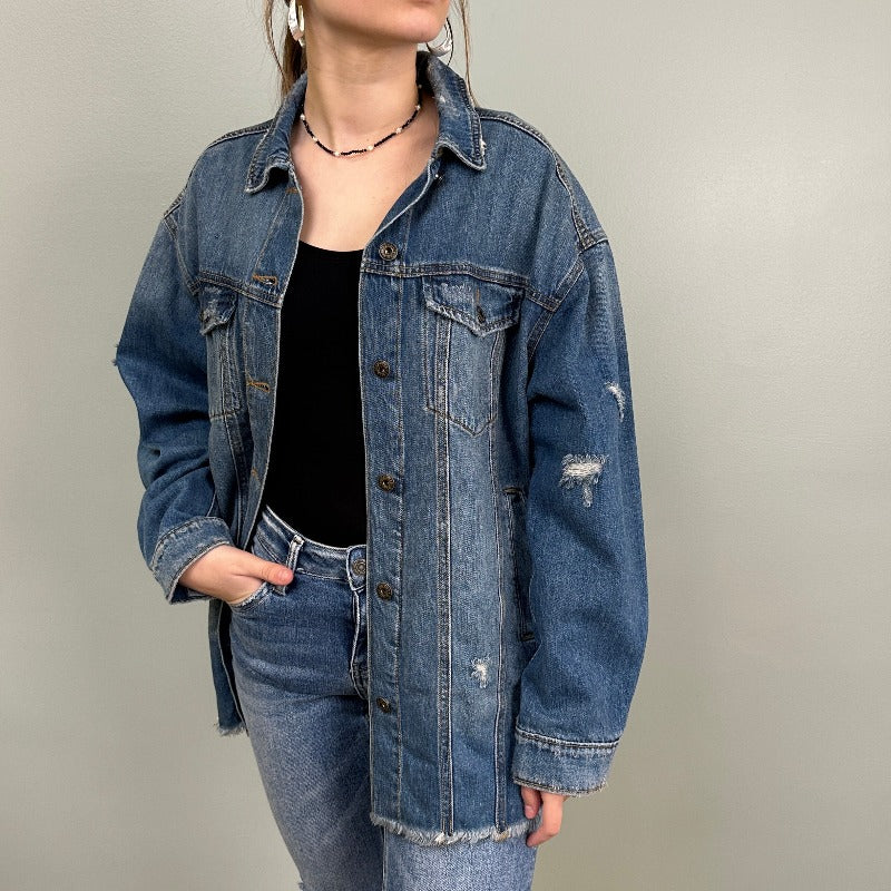 Long Line Destructed Denim Jacket