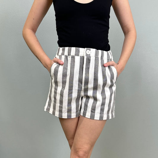 Grey and White Striped Denim Shorts