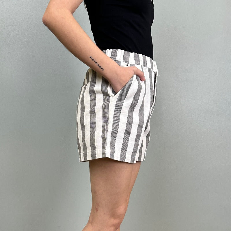 Grey and White Striped Denim Shorts