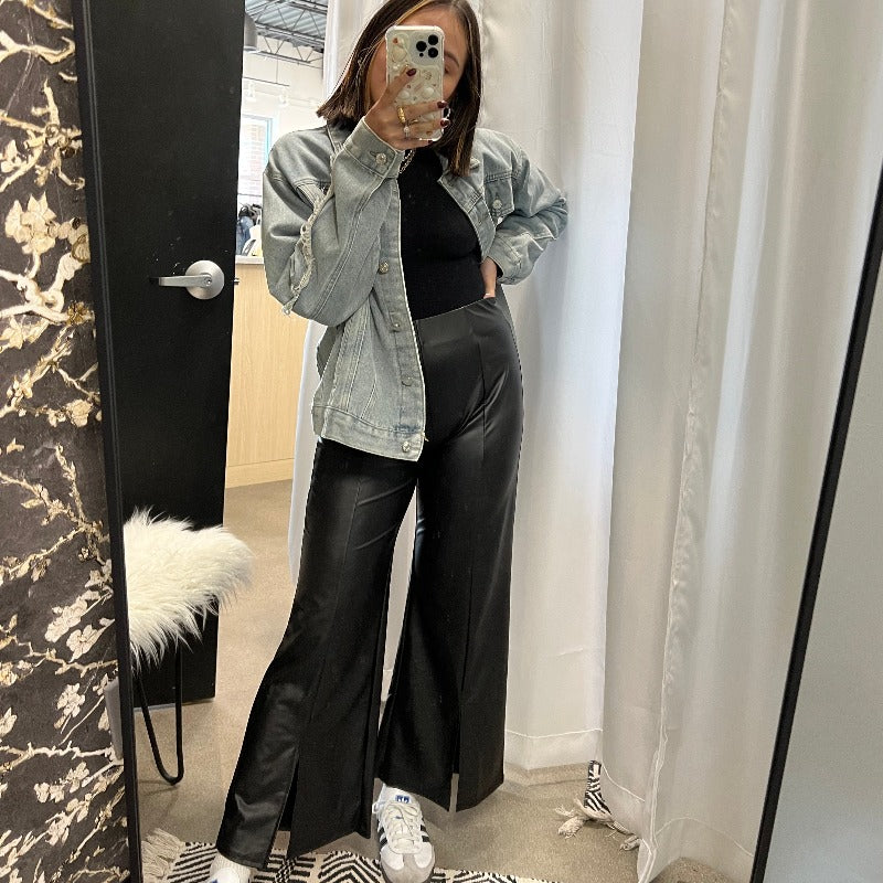 Pleather Wide Leg Pant with Front Slit