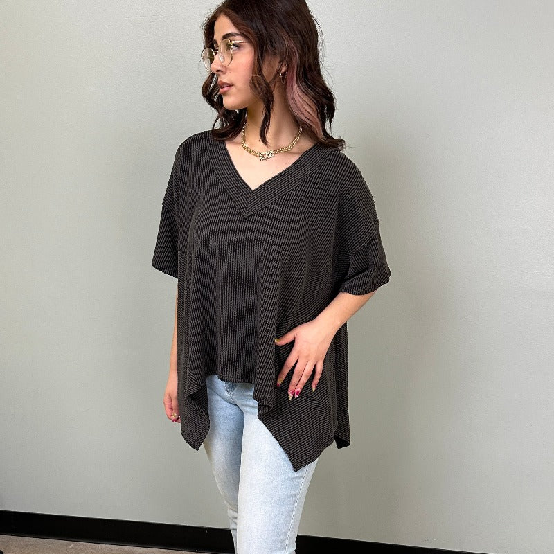 Charcoal Textured V-Neck Handkerchief Hem Top