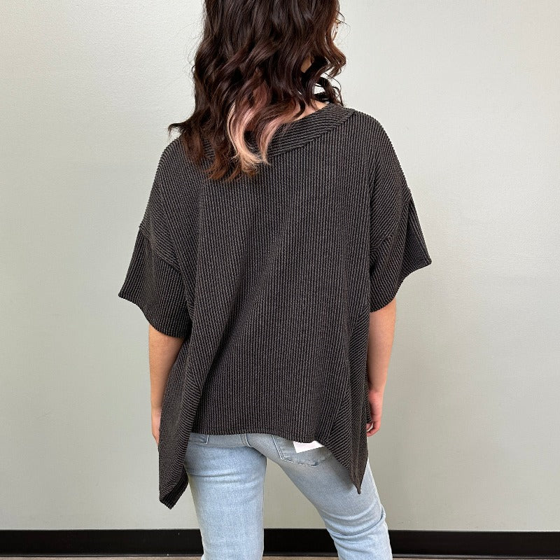 Charcoal Textured V-Neck Handkerchief Hem Top