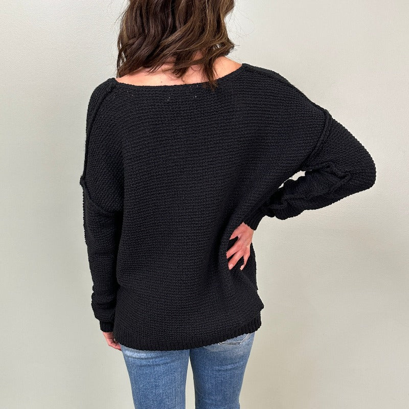 Black V-Neck Long Sleeve Knit Sweater