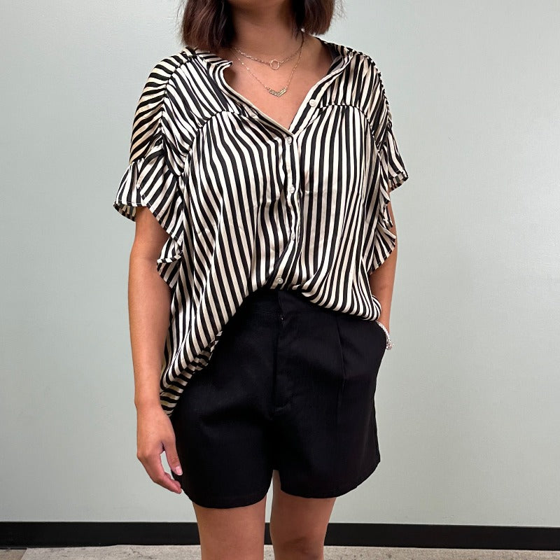 Silky Striped Gathered Blouse