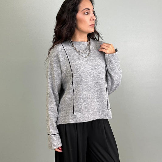 Grey Sweater with Black Grid Detail