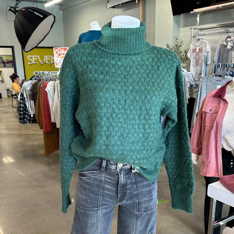 Dark Green Textured Turtleneck Sweater