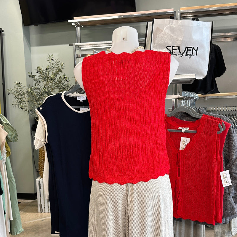 Red Scalloped-Edge Tie-Front Sweater Vest