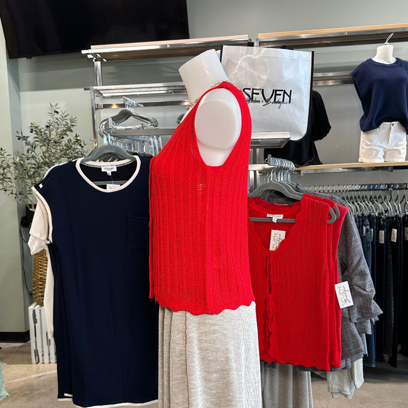 Red Scalloped-Edge Tie-Front Sweater Vest