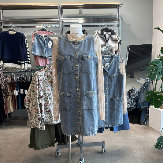 Denim Sleeveless Dress with Gold Buttons