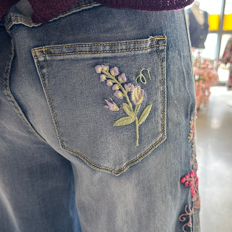 Washed Floral Embroidered Darted Jeans
