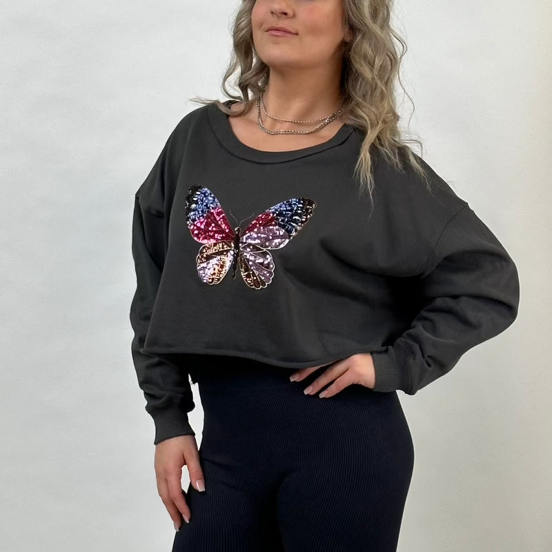 Sequin Butterfly Crop Sweatshirt