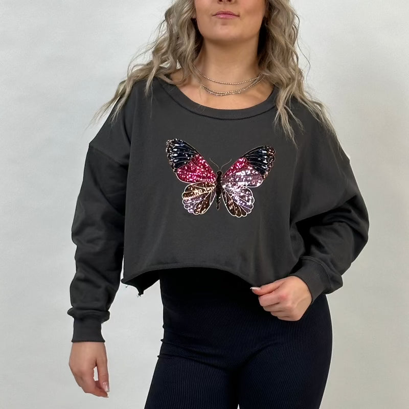 Sequin Butterfly Crop Sweatshirt