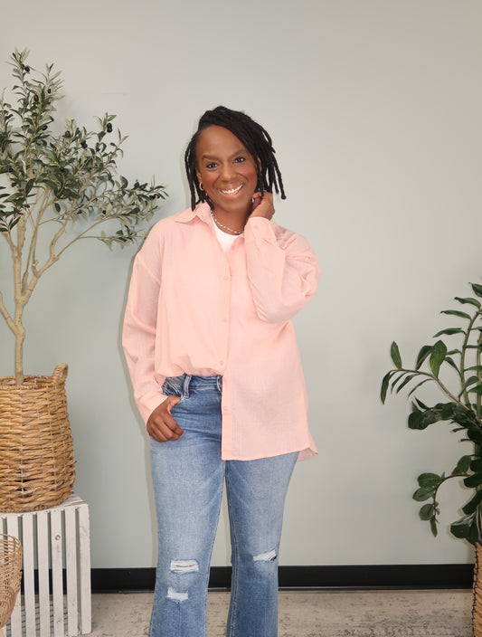 Blush Loose Fit Textured Button Up Shirt