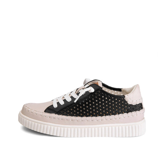 A low-top platform sneaker with a light pink and black color-blocked design. The upper features a light pink toe cap, black panels with gold rhinestone studs, white laces, and a thick white ribbed platform sole.