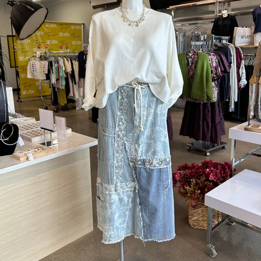 Denim Mixed-Material Skirt