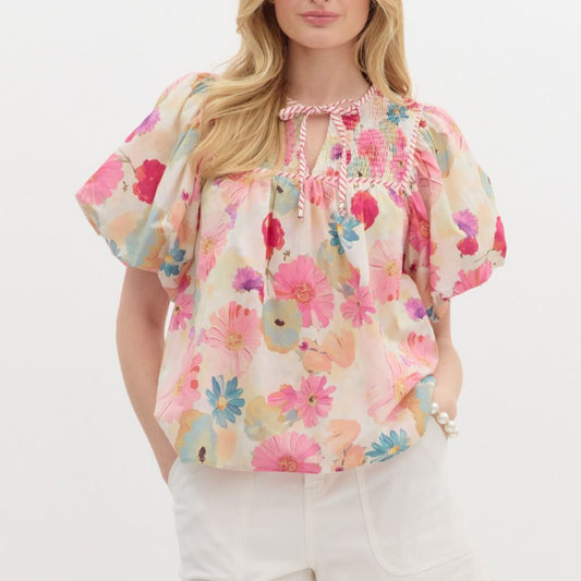 Multicolor Floral Bubble Sleeve Top