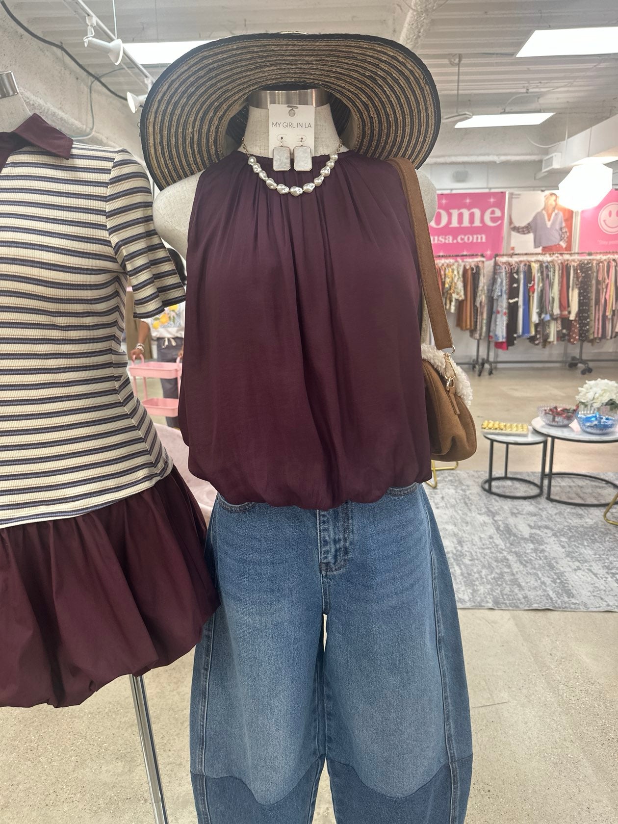 Fig Sleeveless Gathered Hem Top