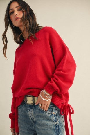 Red Side-Tie Knit Sweater