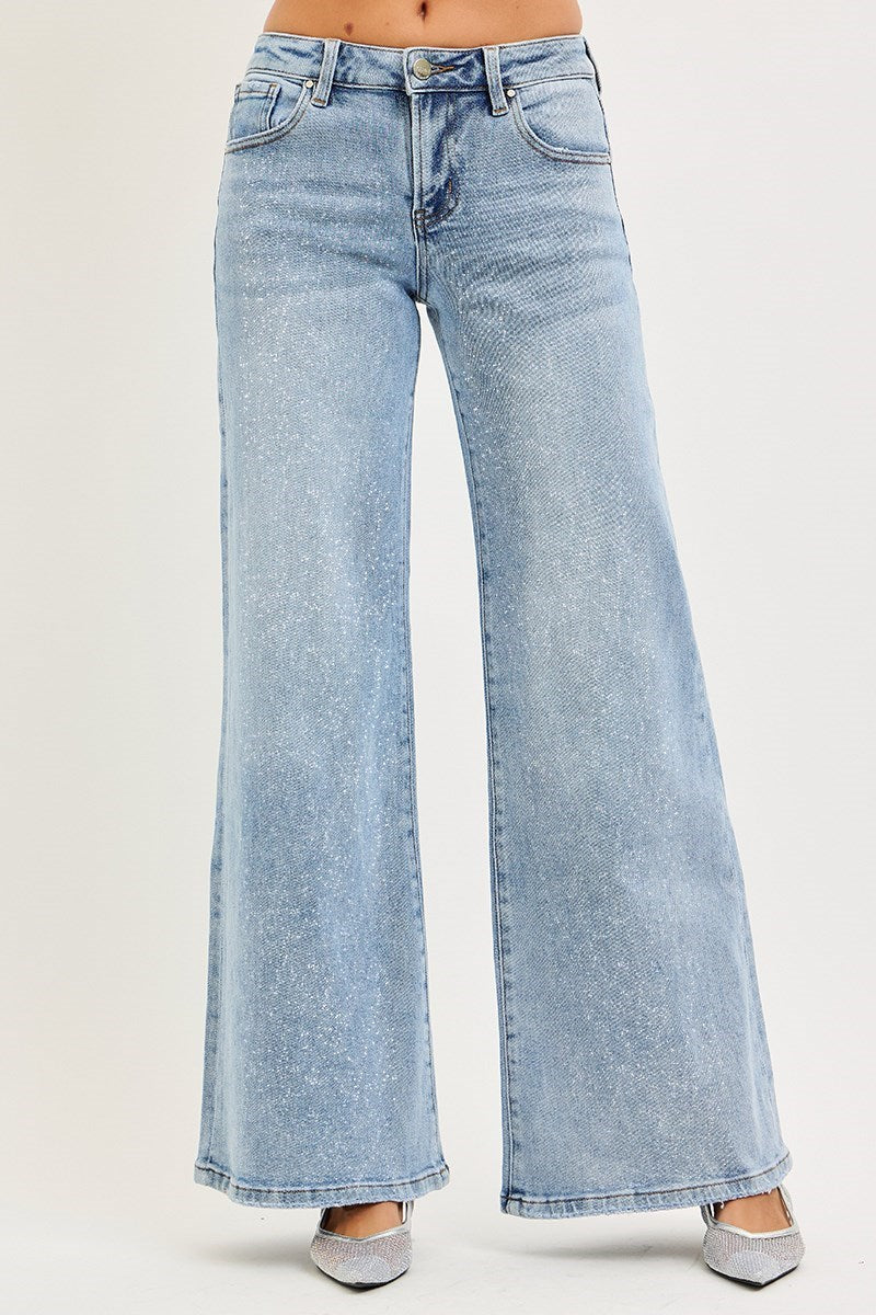RISEN Low-Rise Wide-Leg Sparkle Jeans