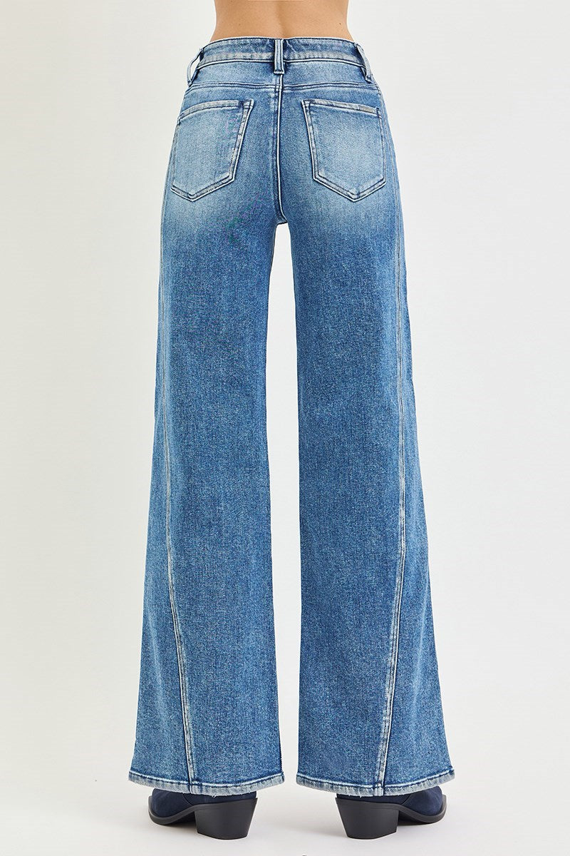 RISEN High Rise Wide Leg Jeans With Curved Seam and Foil Detail