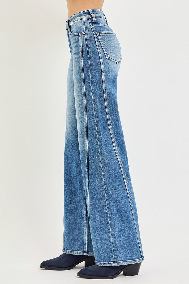 RISEN High Rise Wide Leg Jeans With Curved Seam and Foil Detail
