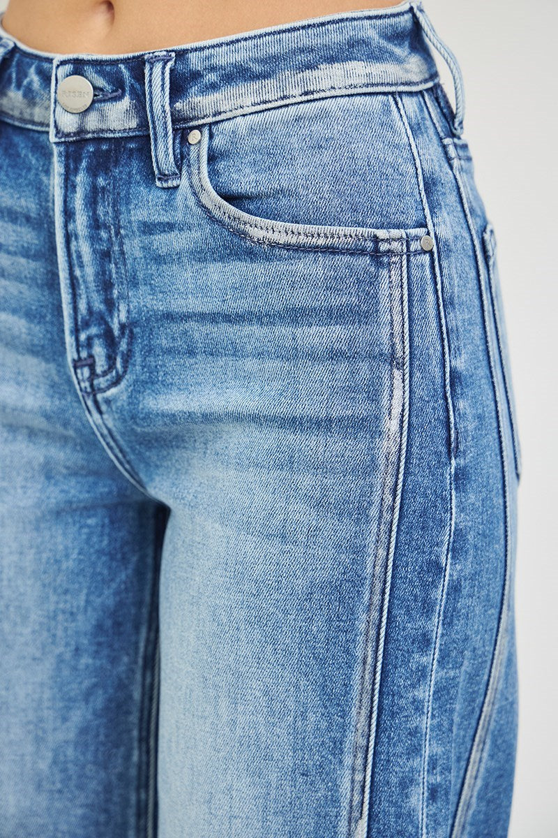 RISEN High Rise Wide Leg Jeans With Curved Seam and Foil Detail