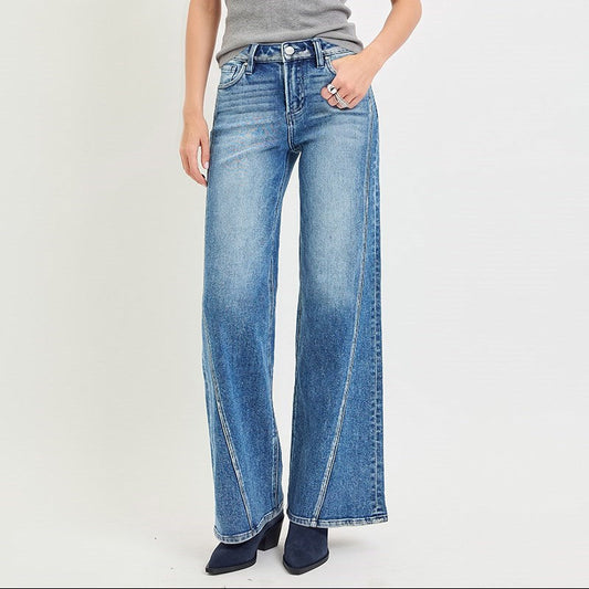 RISEN High Rise Wide Leg Jeans With Curved Seam and Foil Detail