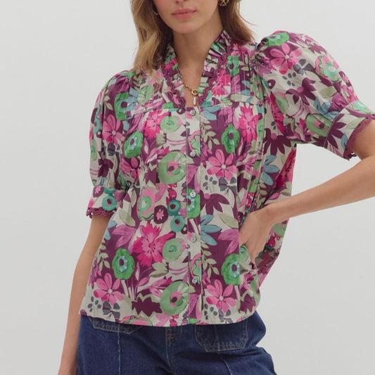 Plum Multi-Floral Short Sleeved Top