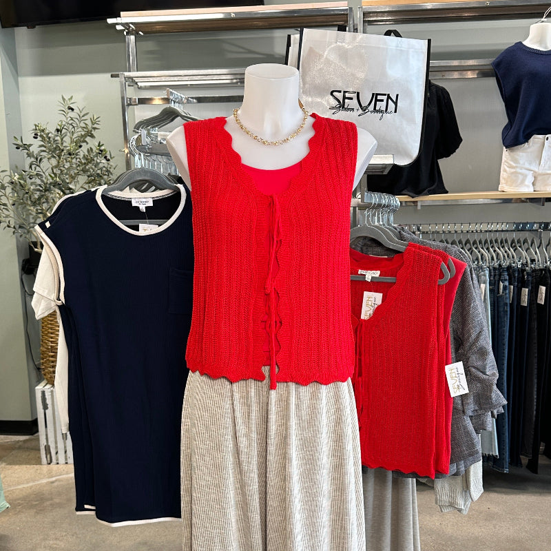Red Scalloped-Edge Tie-Front Sweater Vest