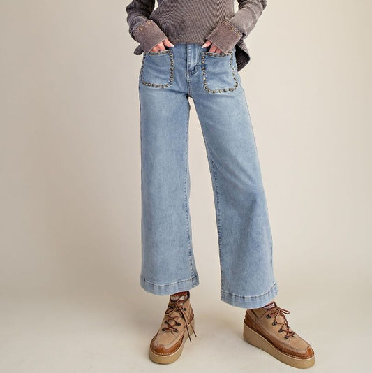 Stud Detail Washed Denim Jeans